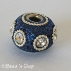 Blue Glitter Euro Style Bead with White Rhinestones & Metal Rings