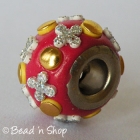 Red Euro Style Bead with Golden Cabochons & Silver Flowers